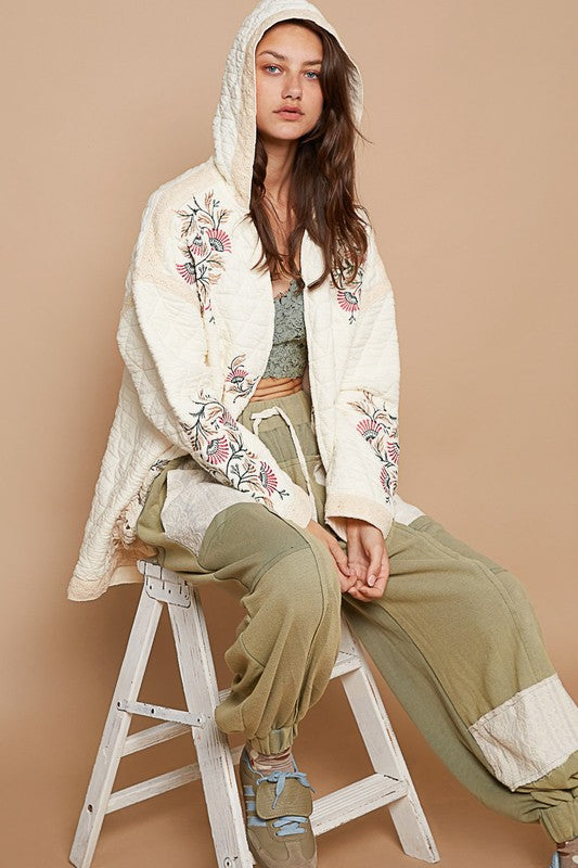 POL Embroidered Open Front Quilted Jacket with Crochet Pockets - Wildflower Hippies