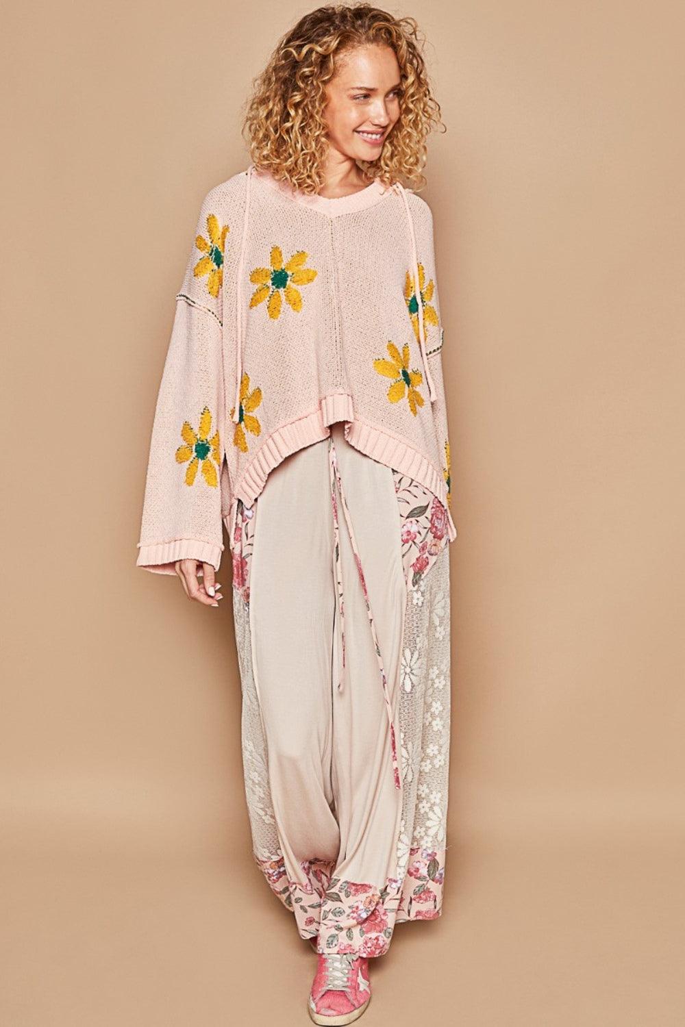 POL Floral Pattern Hooded High-Low Sweater - Wildflower Hippies