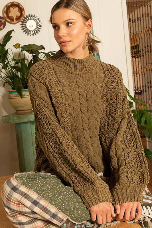 POL Mock Neck Cable Knit Sweater - Wildflower Hippies