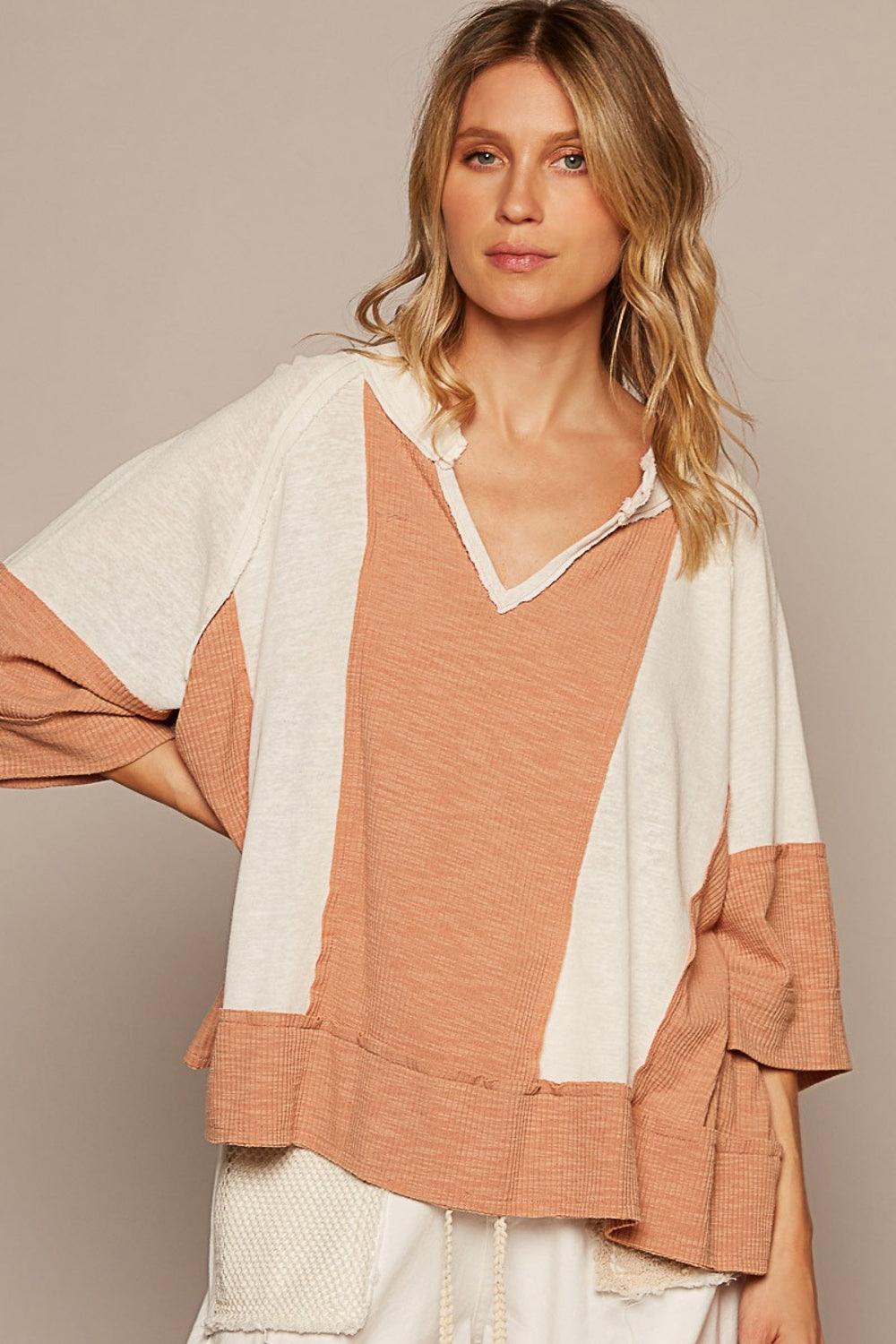 POL Notched Frayed Edge Contrast Top - Wildflower Hippies