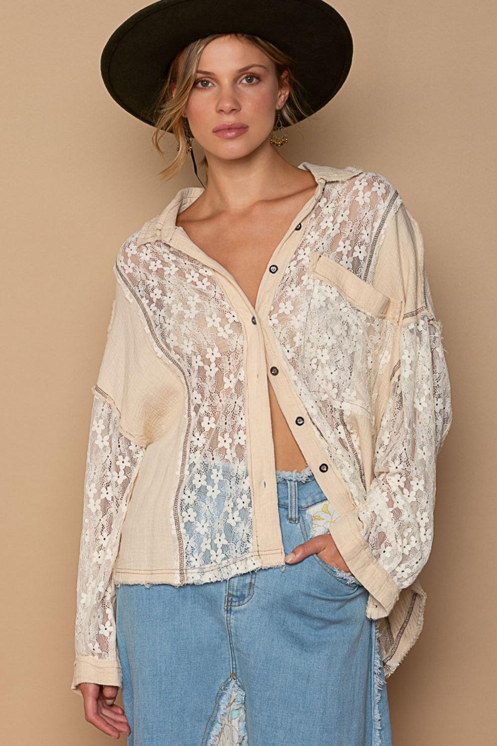 POL Oversize Lace Button-Down Shirt - Wildflower Hippies