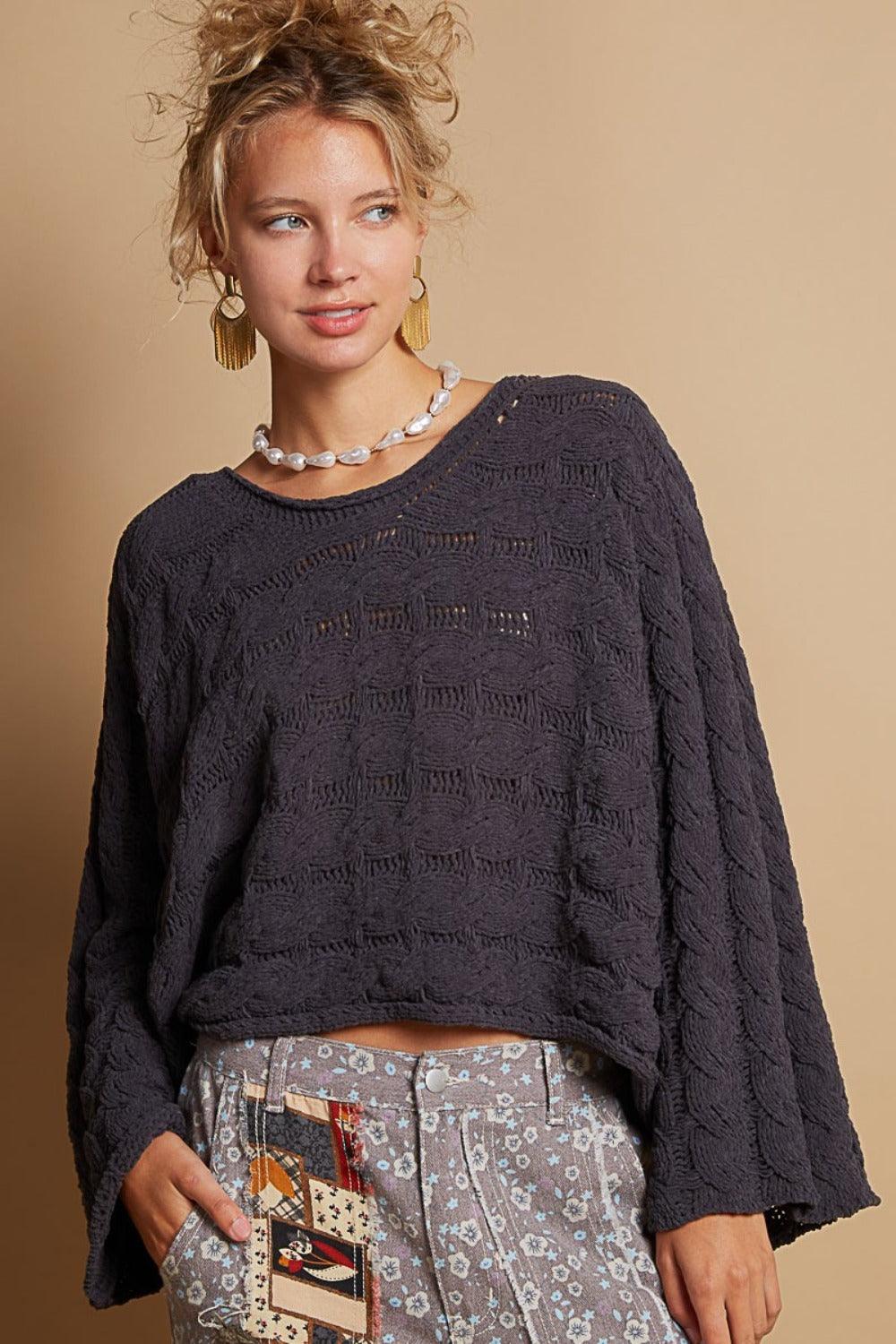 POL Round Neck Cable Knit Cropped Sweater - Wildflower Hippies