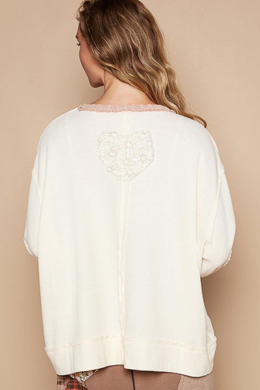 POL Round Neck Long Sleeve Thermal Knit Patch Top - Wildflower Hippies