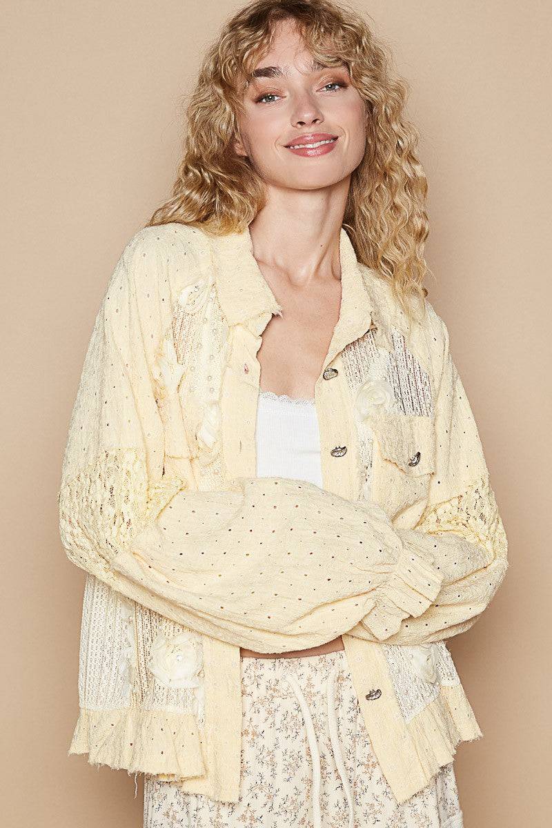 Eyelet Flower Pearl Detail Lace Patchwork Shirt - Wildflower Hippies