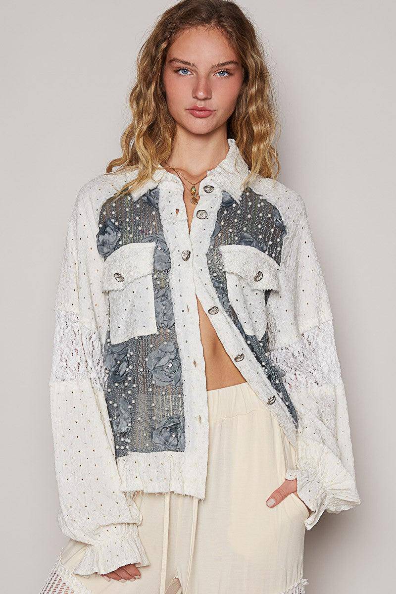 Eyelet Flower Pearl Detail Lace Patchwork Shirt - Wildflower Hippies