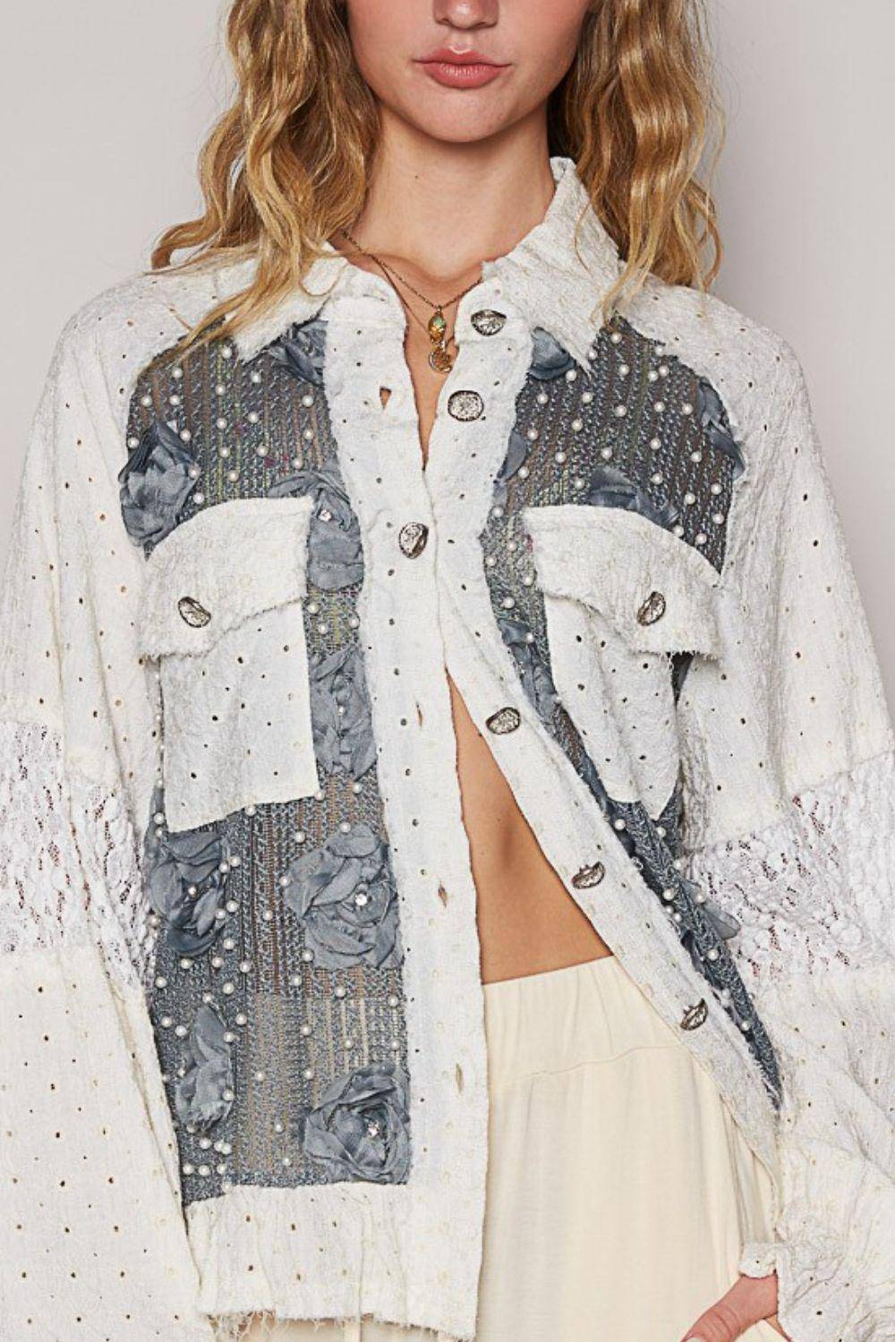 Eyelet Flower Pearl Detail Lace Patchwork Shirt - Wildflower Hippies