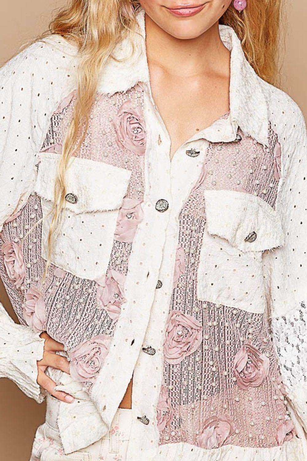 Eyelet Flower Pearl Detail Lace Patchwork Shirt - Wildflower Hippies