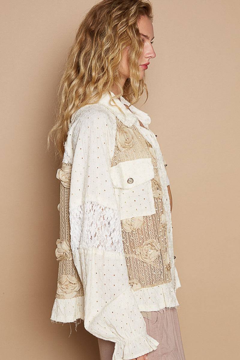 Eyelet Flower Pearl Detail Lace Patchwork Shirt - Wildflower Hippies