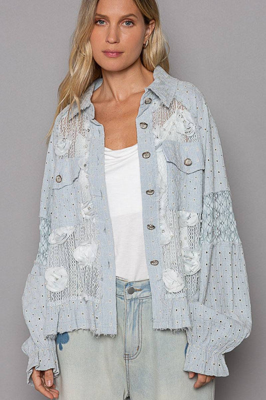 Eyelet Flower Pearl Detail Lace Patchwork Shirt - Wildflower Hippies