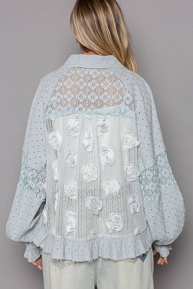 Eyelet Flower Pearl Detail Lace Patchwork Shirt - Wildflower Hippies