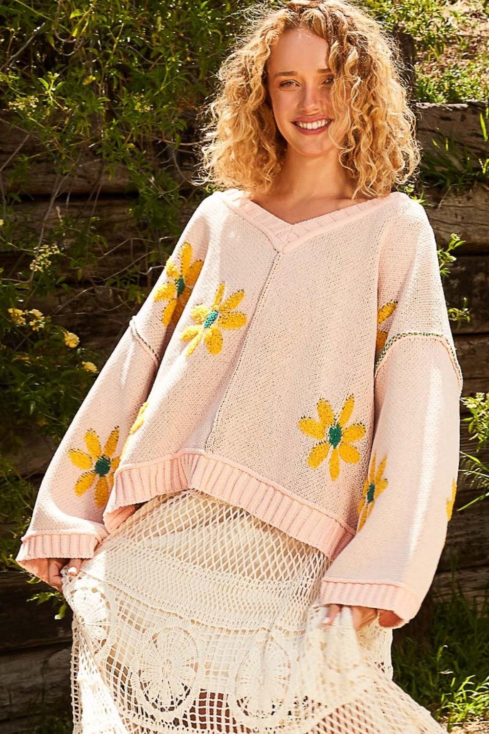 POL V-Neck Floral Pattern Chenille Sweater - Wildflower Hippies