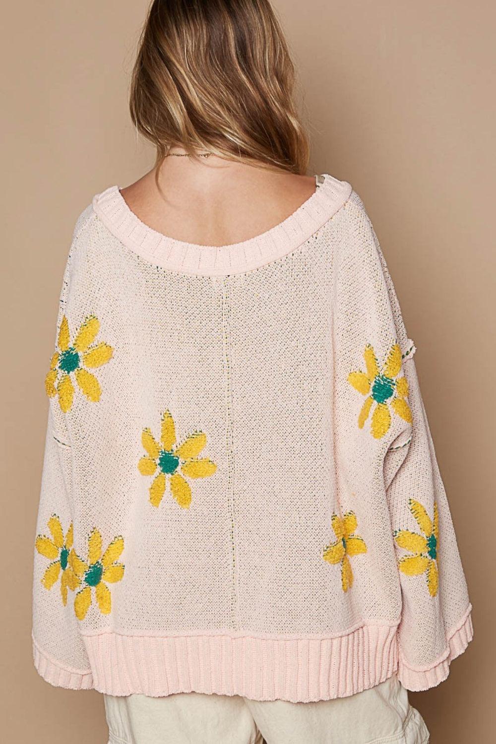 POL V-Neck Floral Pattern Chenille Sweater - Wildflower Hippies