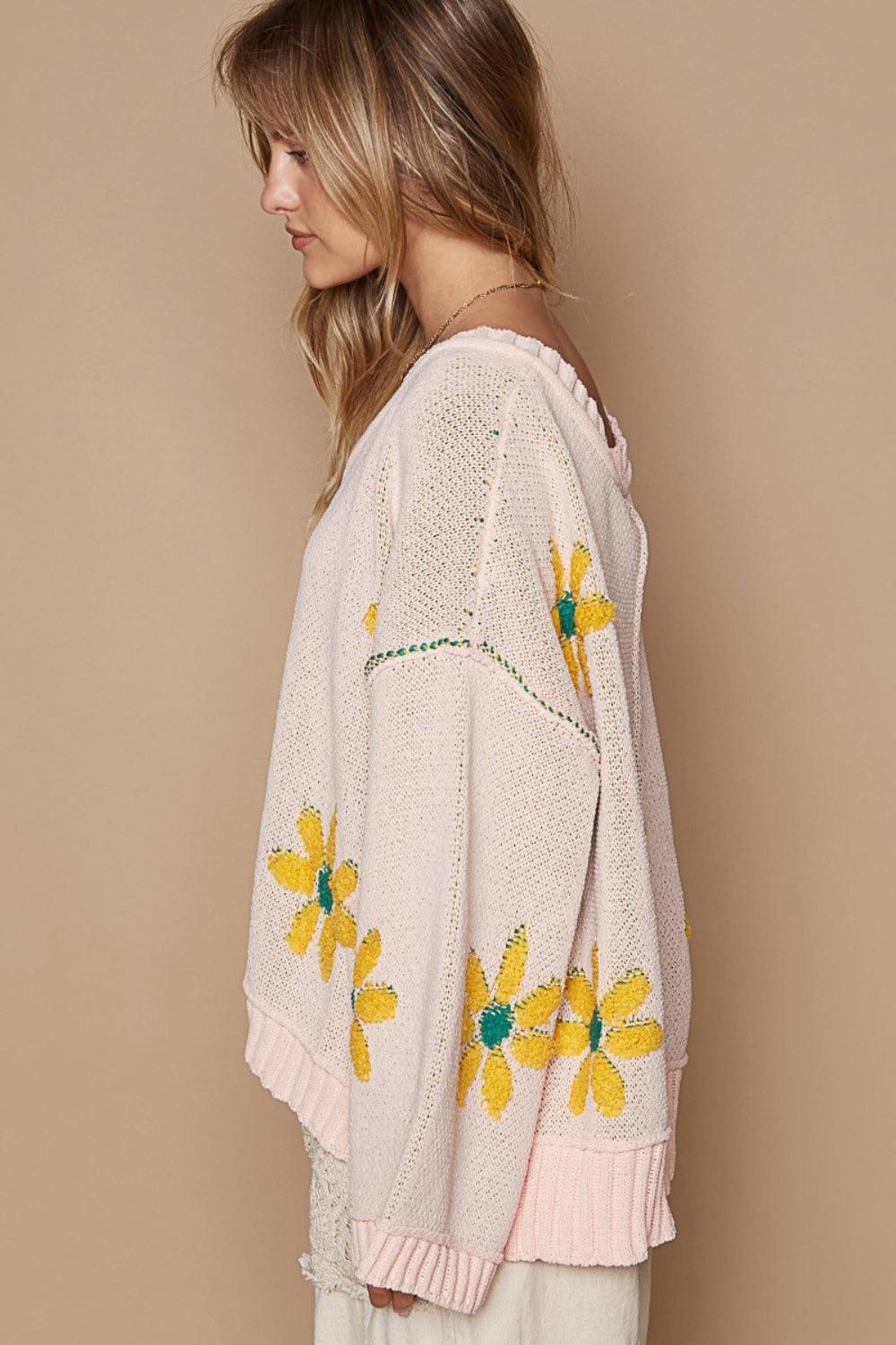 POL V-Neck Floral Pattern Chenille Sweater - Wildflower Hippies