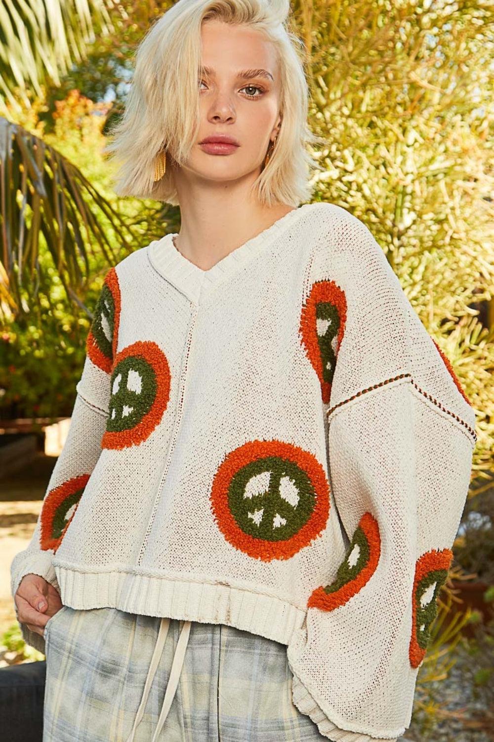 POL V Neck Long Sleeve Peace Pattern Sweater - Wildflower Hippies