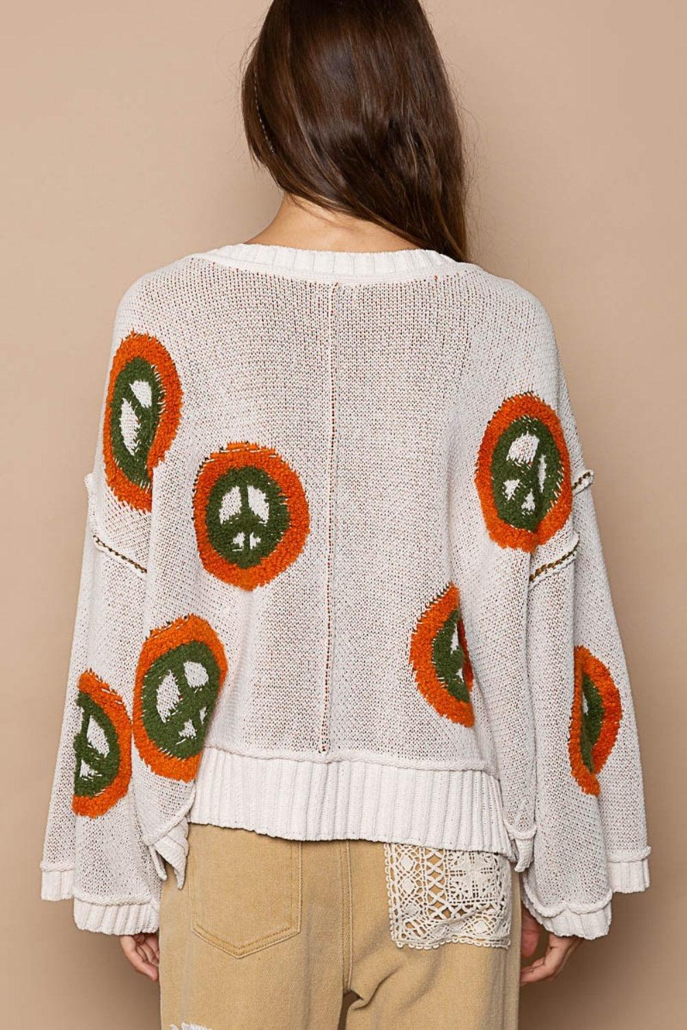 POL V Neck Long Sleeve Peace Pattern Sweater - Wildflower Hippies