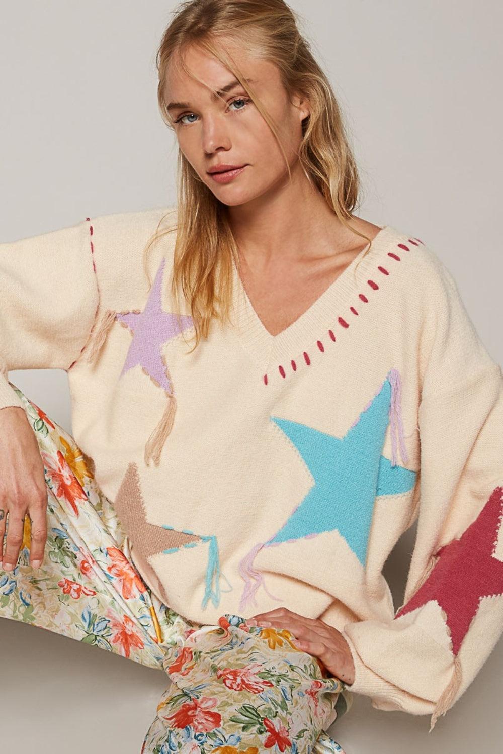 POL V-Neck Long Sleeve Star Fringe Sweater - Wildflower Hippies