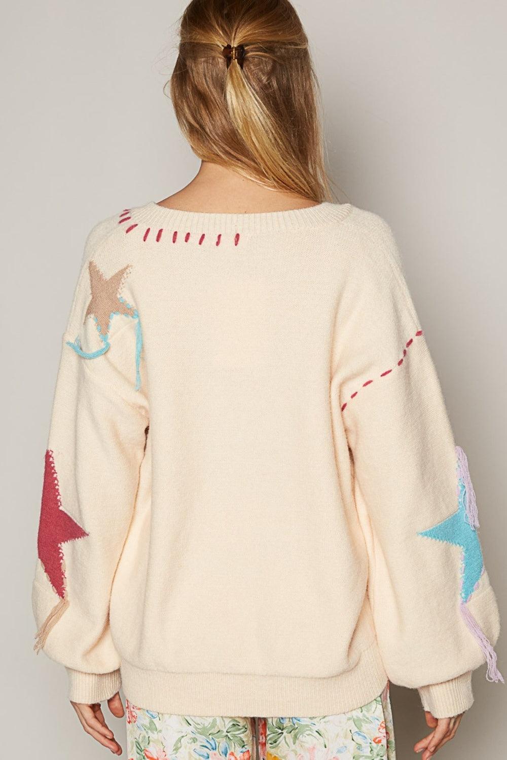 POL V-Neck Long Sleeve Star Fringe Sweater - Wildflower Hippies