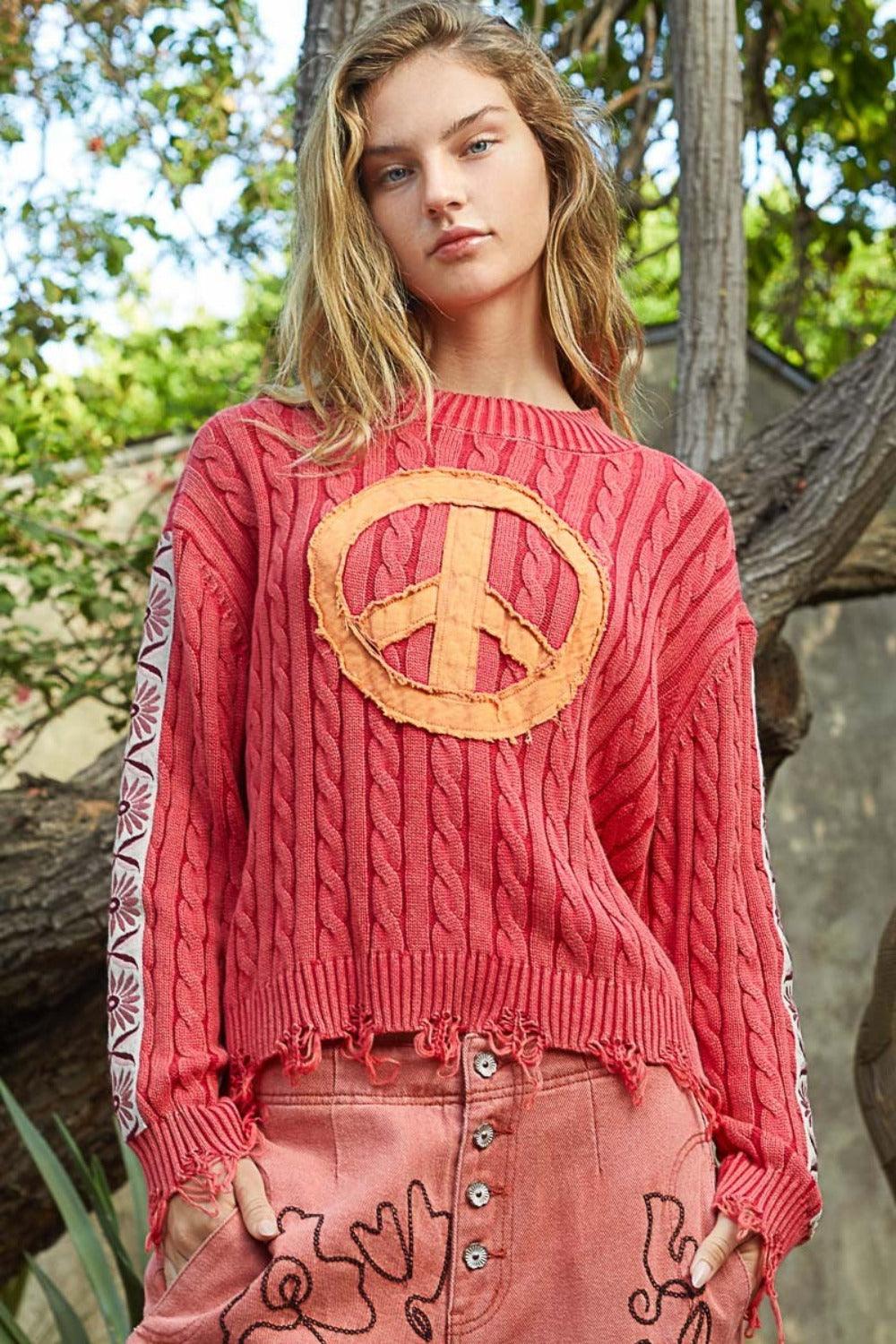 POL Washed Peace Patch Cable Knit Sweater - Wildflower Hippies