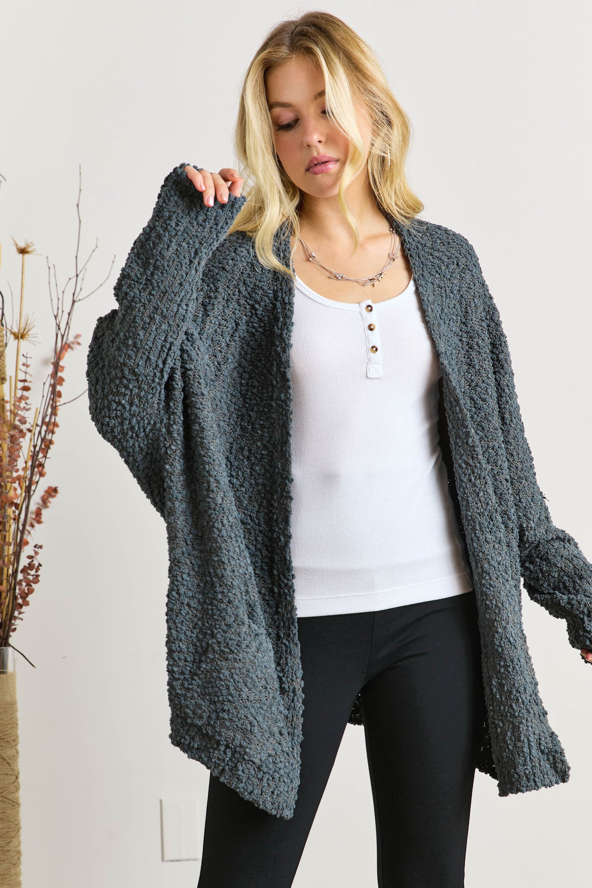 Popcorn Knit Open Front Long Sleeve Cardigan - Wildflower Hippies