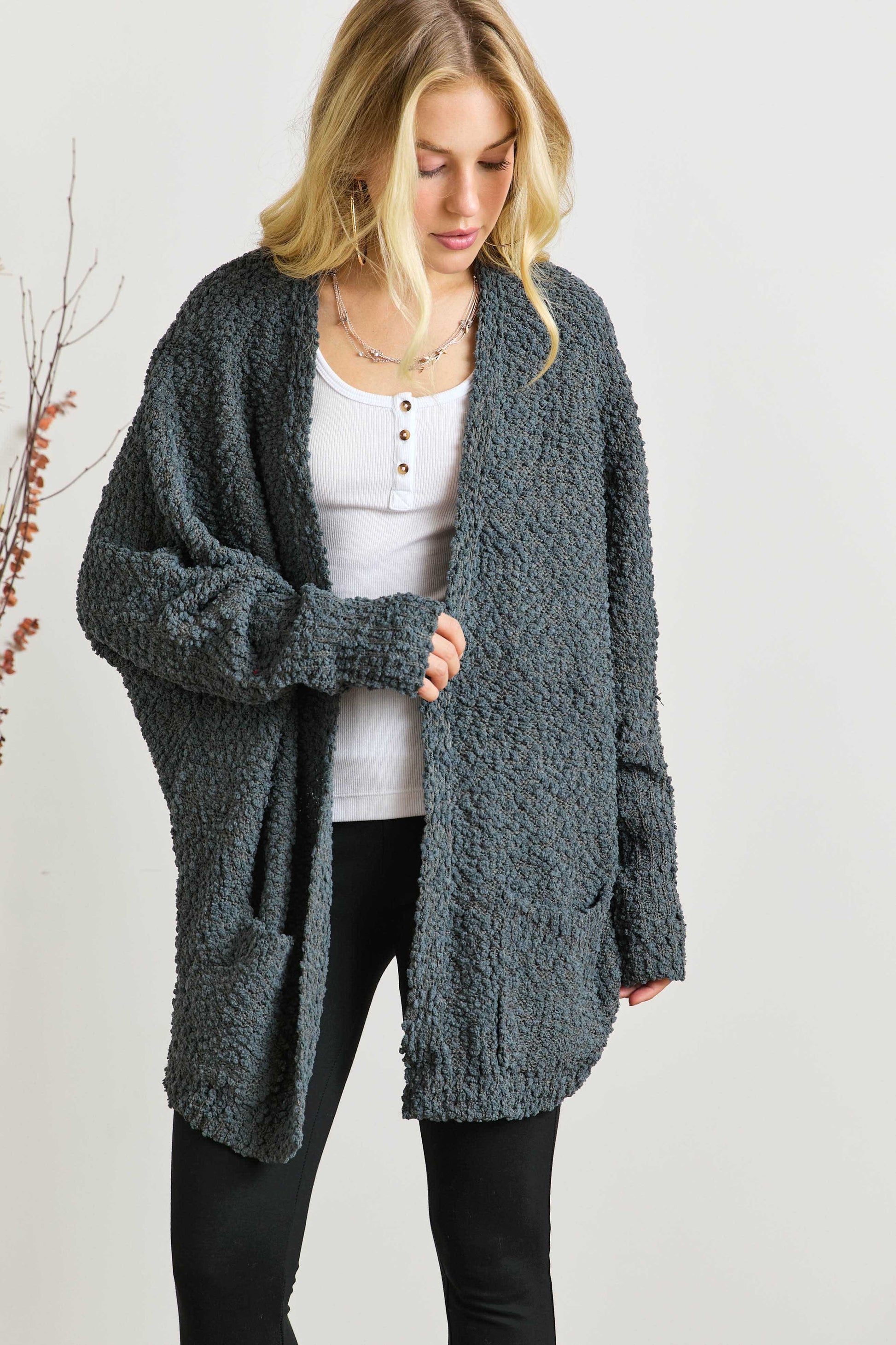 Popcorn Knit Open Front Long Sleeve Cardigan - Wildflower Hippies