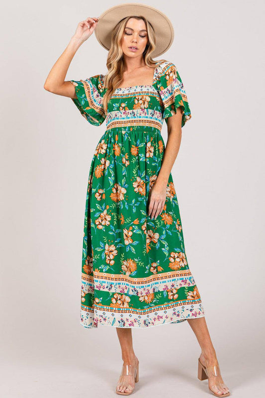 Printed Smocked Short Sleeve Midi Dress - Wildflower Hippies