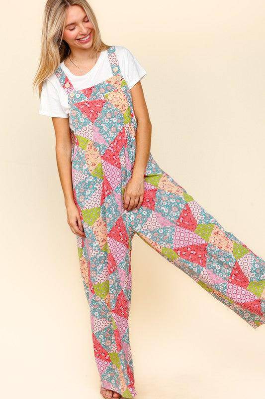 Printed Wide Leg Overalls with Side Pockets - Wildflower Hippies