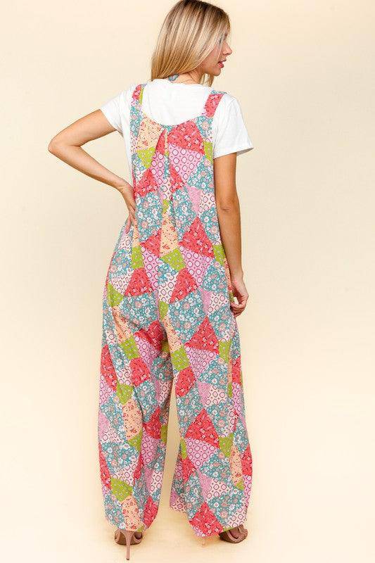 Printed Wide Leg Overalls with Side Pockets - Wildflower Hippies