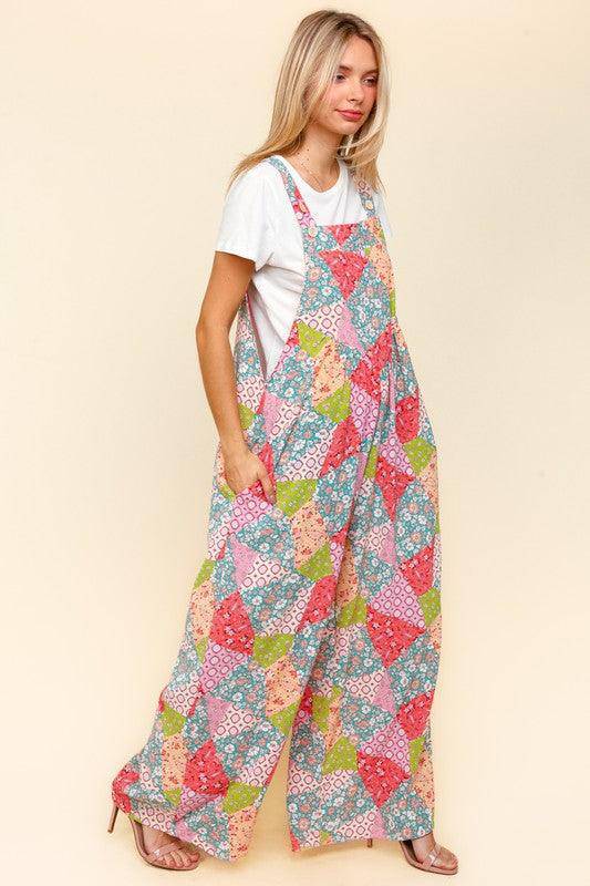 Printed Wide Leg Overalls with Side Pockets - Wildflower Hippies