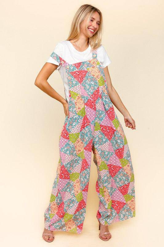 Printed Wide Leg Overalls with Side Pockets - Wildflower Hippies