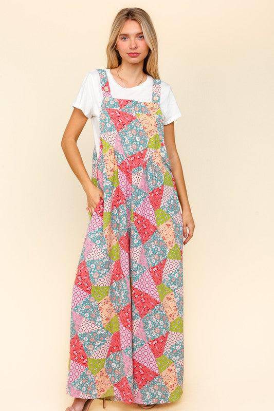 Printed Wide Leg Overalls with Side Pockets - Wildflower Hippies