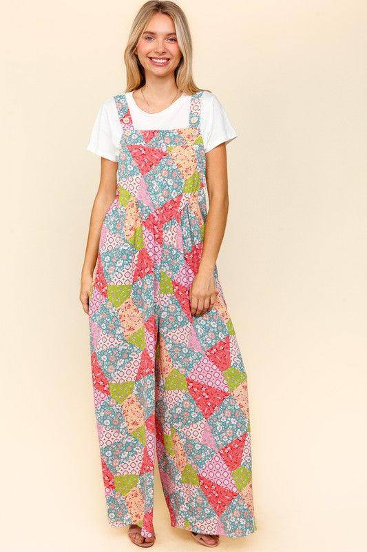 Printed Wide Leg Overalls with Side Pockets - Wildflower Hippies