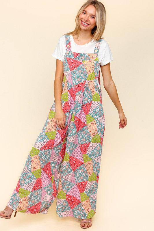 Printed Wide Leg Overalls with Side Pockets - Wildflower Hippies