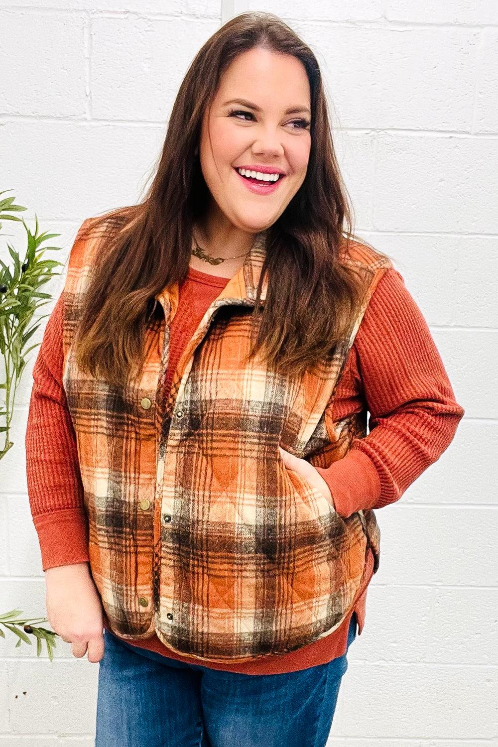 Put Together Rust Taupe Plaid Snap Button Quilted Puffer Vest