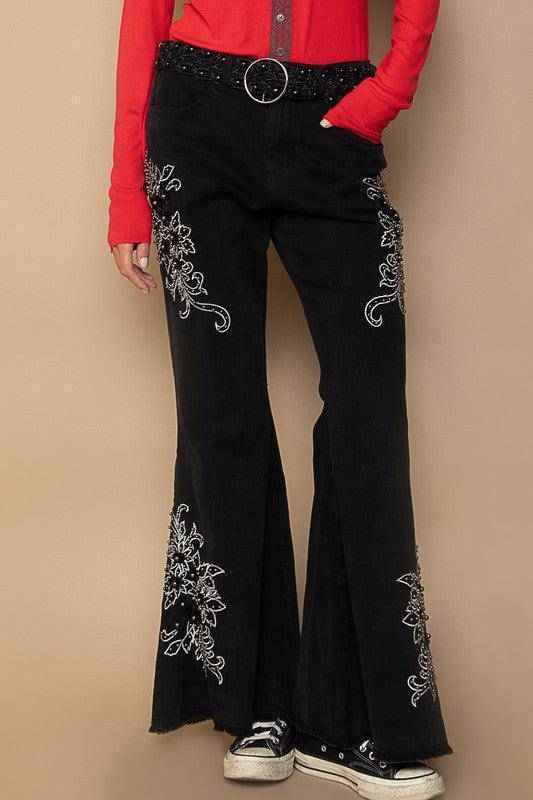 Raw Hem Embroidered Flare Pants - Wildflower Hippies