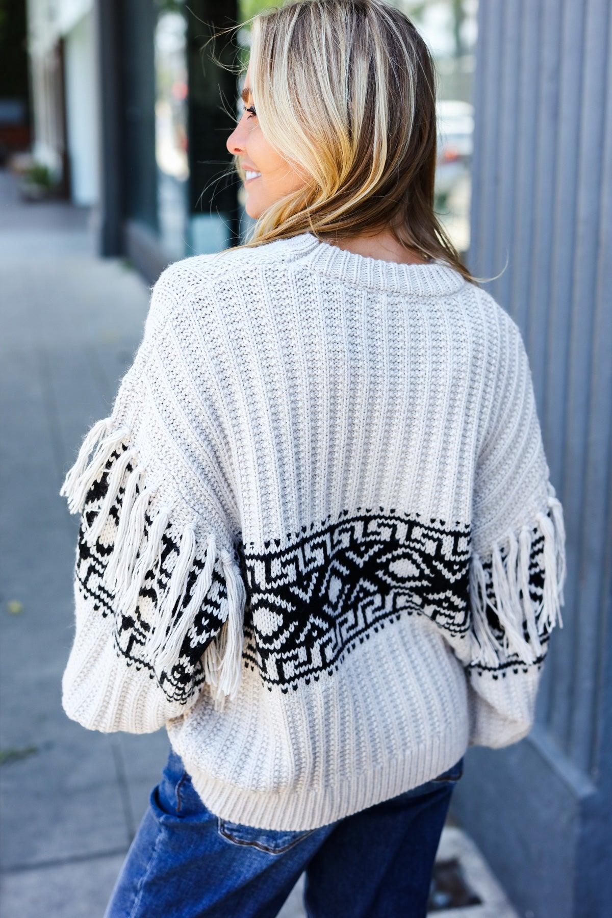 Ready For Anything Taupe & Black Tassel Aztec Sweater