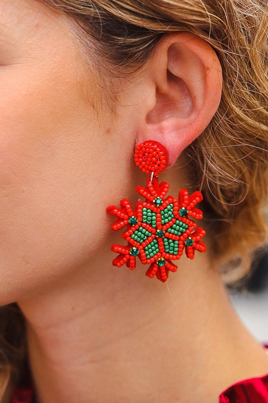 Red & Green Snowflake Beaded & Rhinestone Dangle Earrings