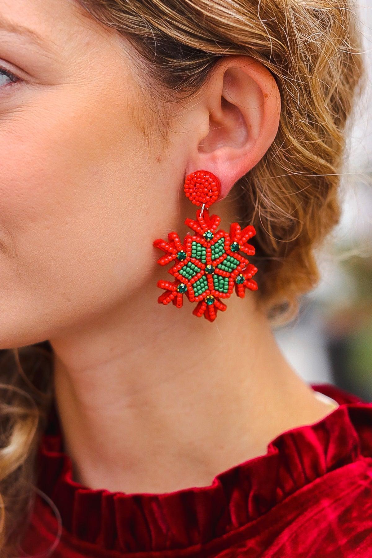 Red & Green Snowflake Beaded & Rhinestone Dangle Earrings