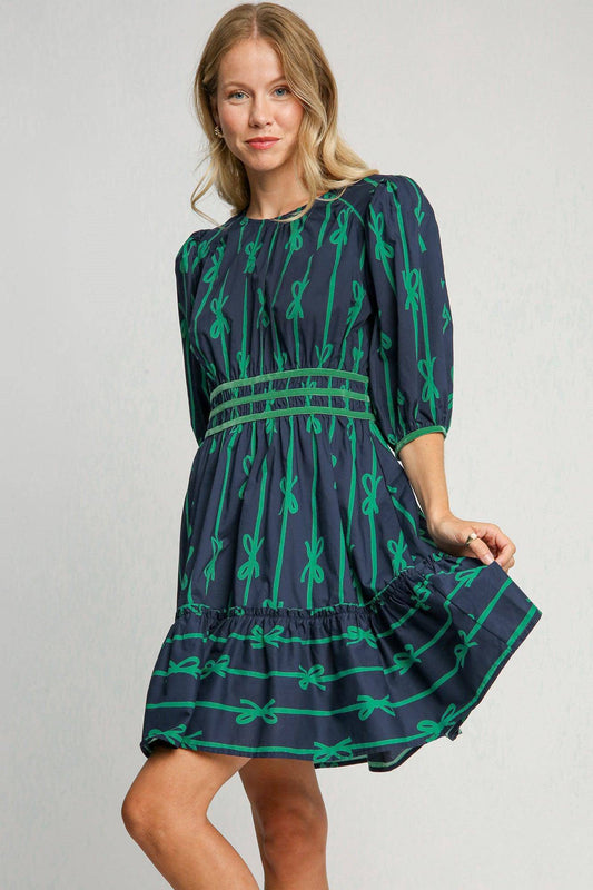 Ribbon Print Frill Contrast Velvet Trim Half Sleeve Dress - Wildflower Hippies