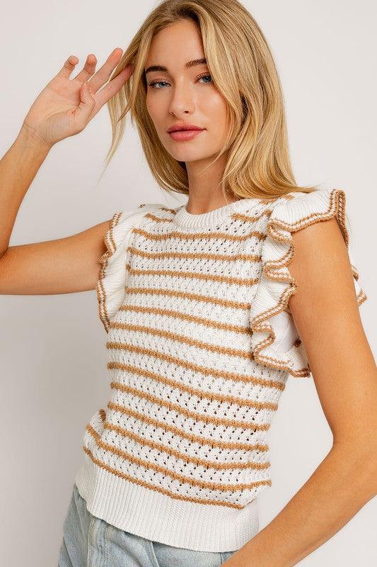 Round Neck Ruffle Sleeve Stripe Knit Top - Wildflower Hippies