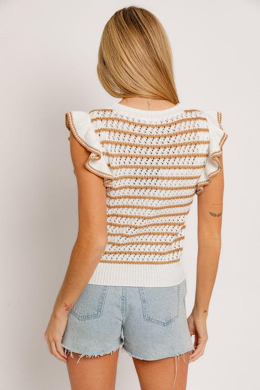 Round Neck Ruffle Sleeve Stripe Knit Top - Wildflower Hippies