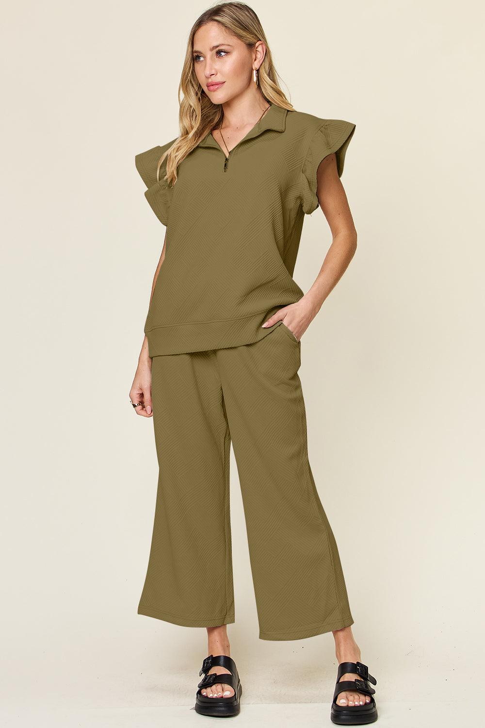 Ruffle Short Sleeve Top and Drawstring Wide Leg Pants Set - Wildflower Hippies