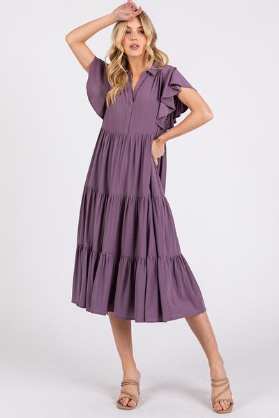 Ruffle Sleeve Collared V Neck Tiered Midi Dress - Wildflower Hippies