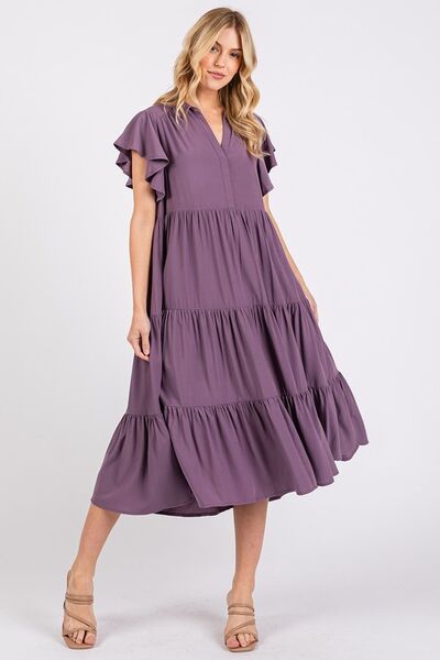 Ruffle Sleeve Collared V Neck Tiered Midi Dress - Wildflower Hippies