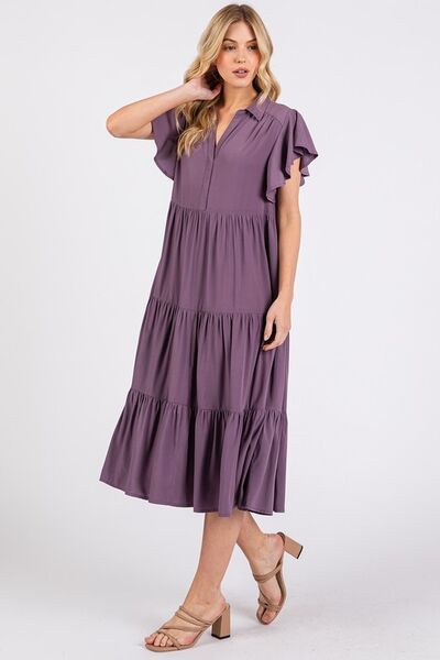 Ruffle Sleeve Collared V Neck Tiered Midi Dress - Wildflower Hippies