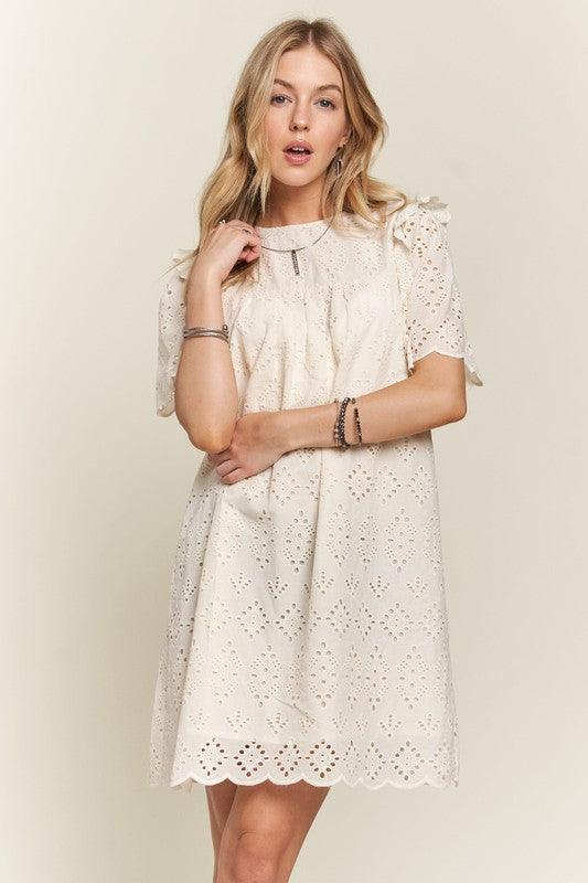 Ruffled Eyelet Round Neck Dress - Wildflower Hippies