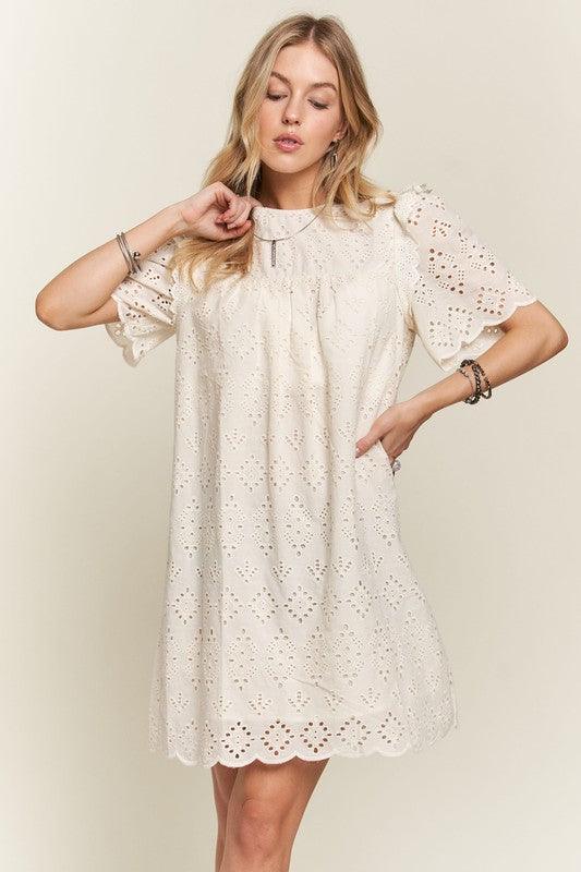 Ruffled Eyelet Round Neck Dress - Wildflower Hippies