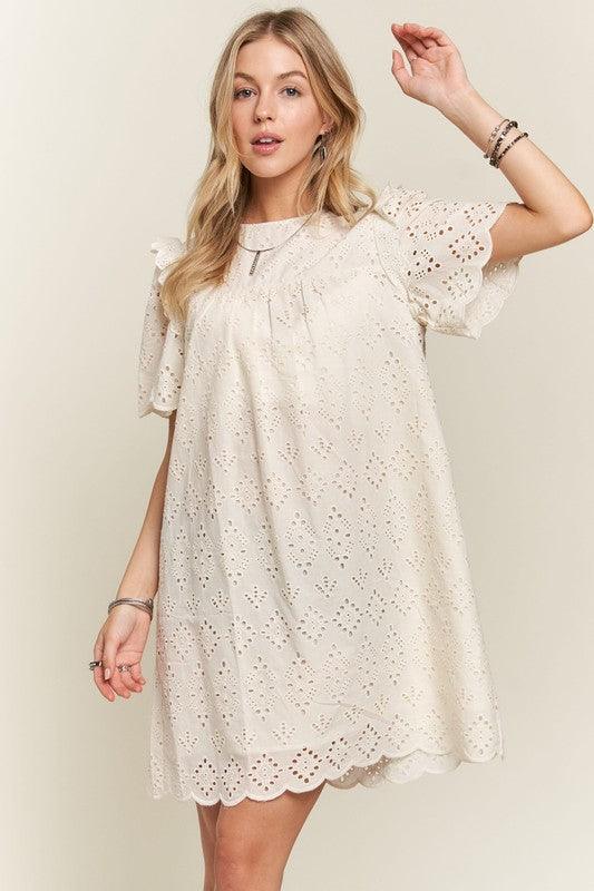 Ruffled Eyelet Round Neck Dress - Wildflower Hippies