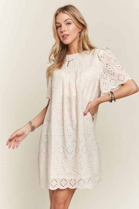 Ruffled Eyelet Round Neck Dress - Wildflower Hippies