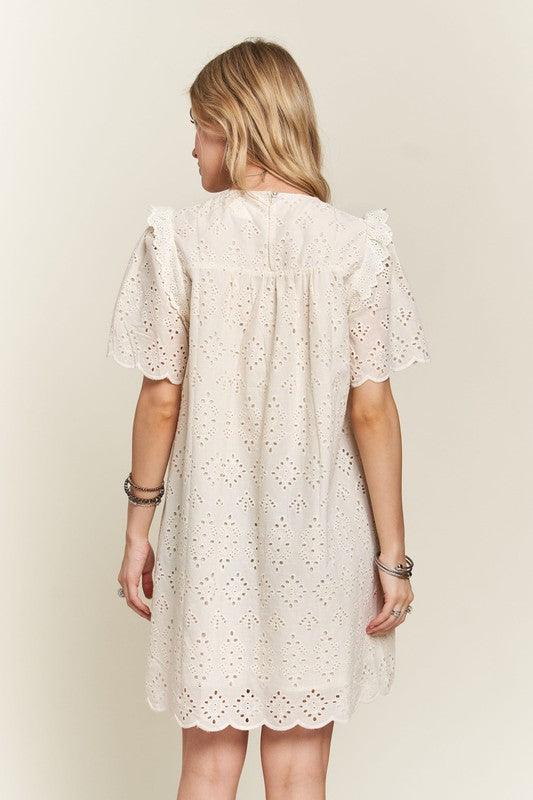 Ruffled Eyelet Round Neck Dress - Wildflower Hippies