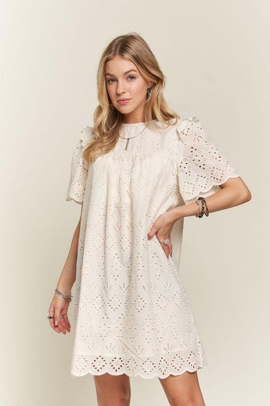 Ruffled Eyelet Round Neck Dress - Wildflower Hippies